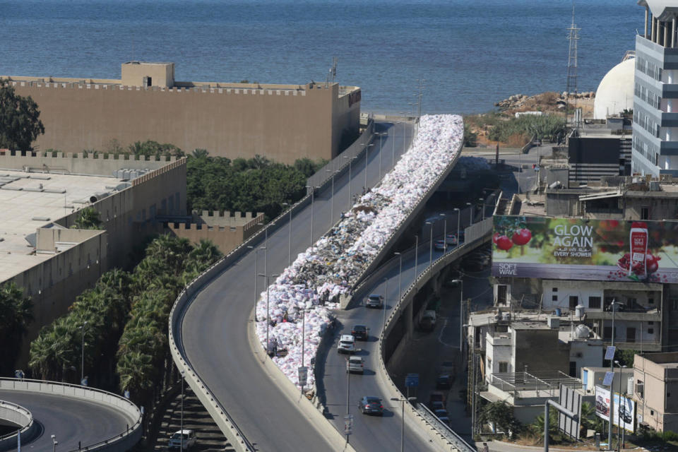 A general view shows packed garbage bags in Jdeideh, Beirut