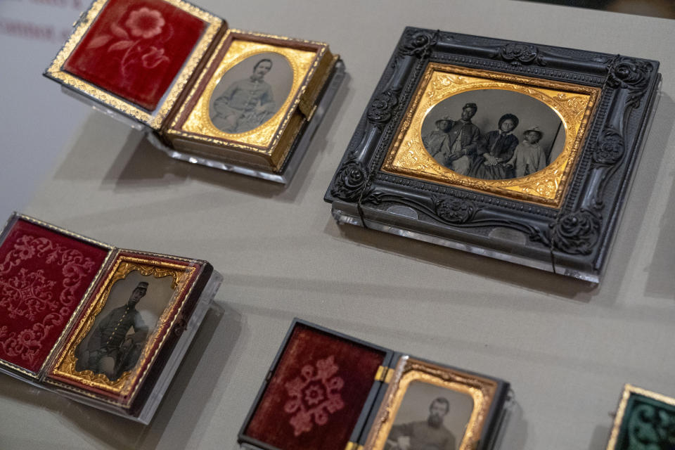 Civil War-era tintypes and ambrotypes are among the items on display in the exhibit, "Collecting Memories: Treasures from the Library of Congress," during a media preview at the Library of Congress, Monday, June 10, 2024, in Washington. (AP Photo/Jacquelyn Martin)