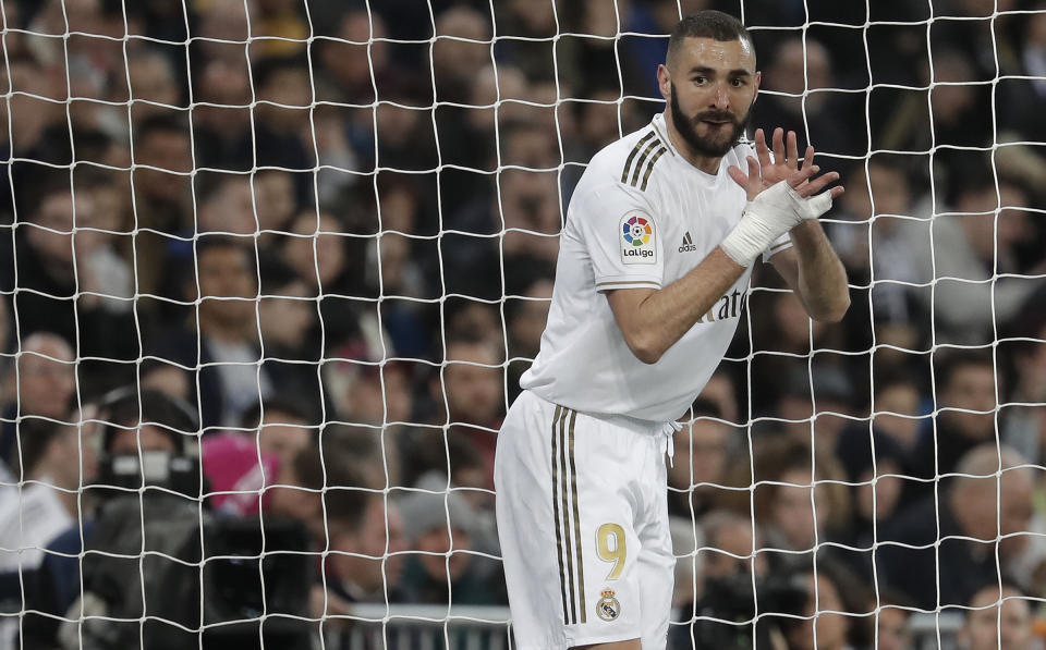 MADRID, SPAIN - FEBRUARY 16: Karim Benzema of Real Madrid gestures during La Liga soccer match between Real Madrid and Celta Vigo at Santiago Bernabeu in Madrid, Spain on February 16, 2020. (Photo by Burak Akbulut/Anadolu Agency via Getty Images)