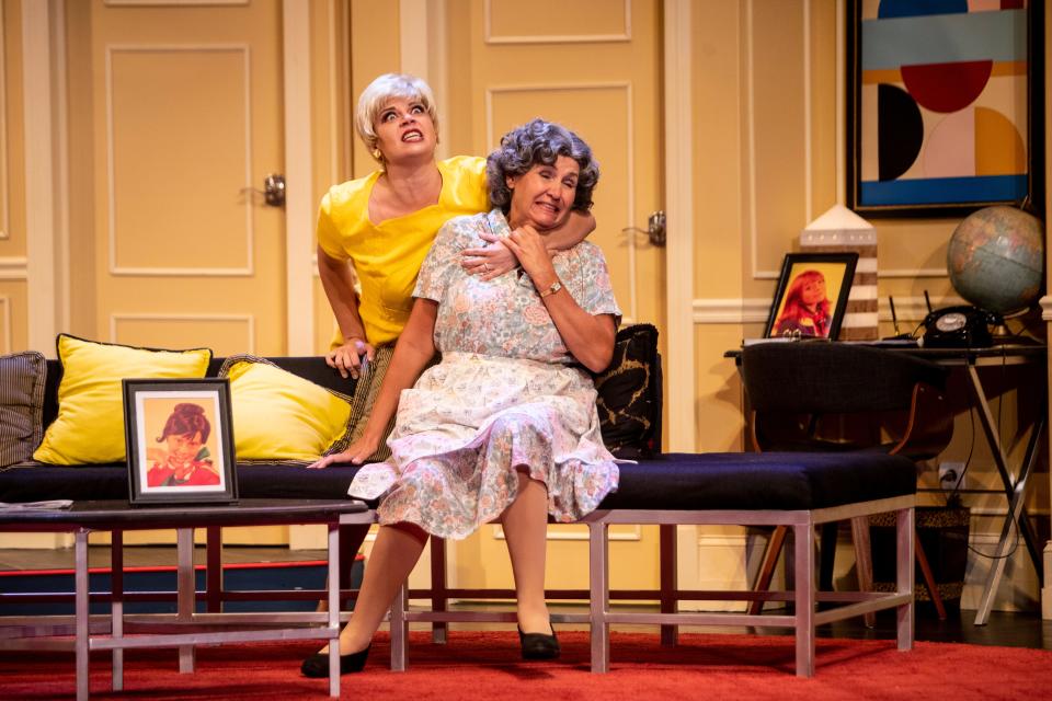 Sarah DeLeonibus, left, as Gretchen, gives  Pemela Austin, as Berthe,  some German eloquence on her passion for Bernard, and luckily it's not in the sight line of his other "fiancee," in  Naples Players' production of "Boeing Boeing" at Sugden Community Theatre on Monday, September 27, 2021.