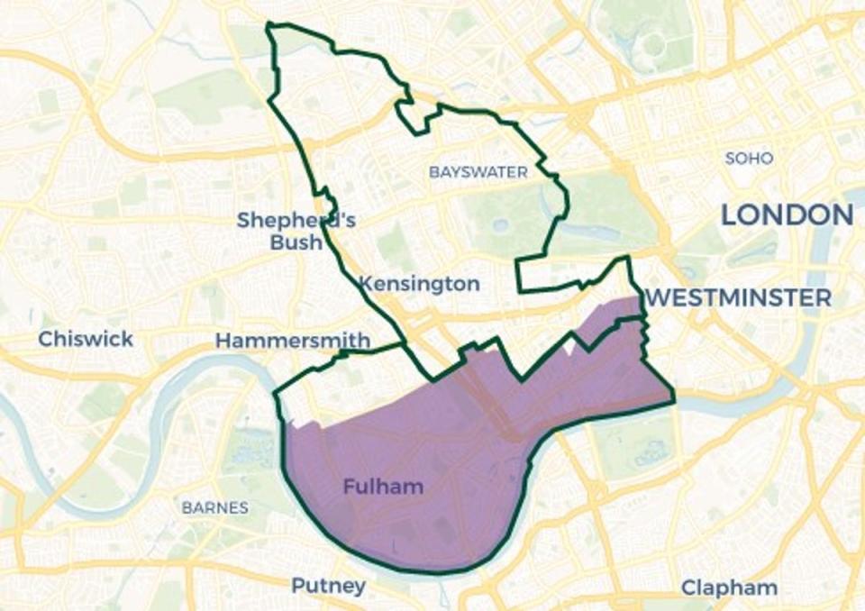 Chelsea and Fulham constituency map - Purple shaded area old constituency boundary. Green outlines: new constituency boundaries (OpenStreetMap contributors/CARTO)