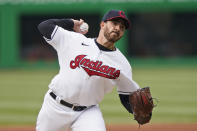 Cleveland Indians starting pitcher Aaron Civale delivers in the first inning of a baseball game against the New York Yankees, Thursday, April 22, 2021, in Cleveland. (AP Photo/Tony Dejak)