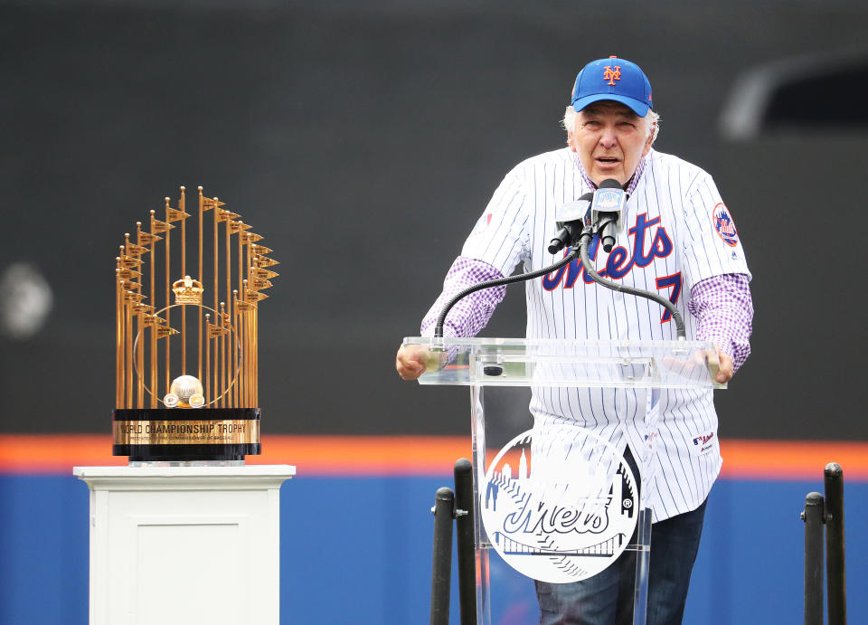 Ed Kranepool, seen here celebrating the 50th anniversary of the Mets' first World Series title in 2019, died on Sunday. He was 79. (Al Bello/Getty Images)