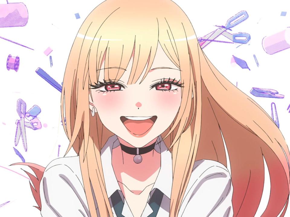 a young animated girl with long blonde hair with pink tips. she's smiling widely, wearing a choker around her neck