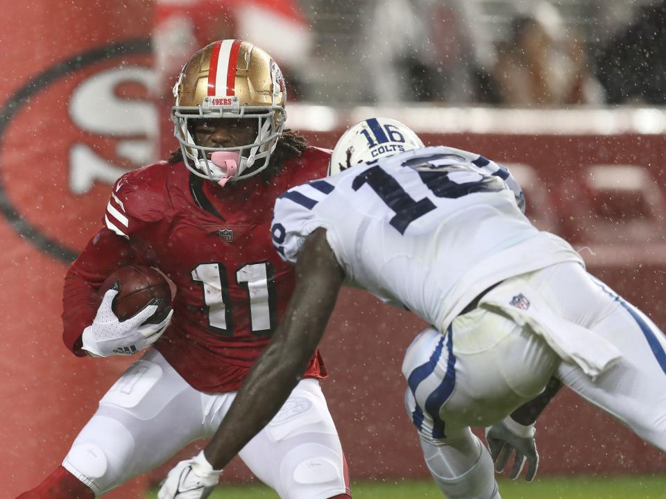 Brandon Aiyuk makes a play against the Indianapolis Colts.