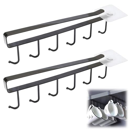 2 Pcs Black 6 Hooks Cup Holder Under Cabinet, Undershelf Mug Storage for Restaurant Coffee Shop Bar Kitchen, With Adhesive Screw