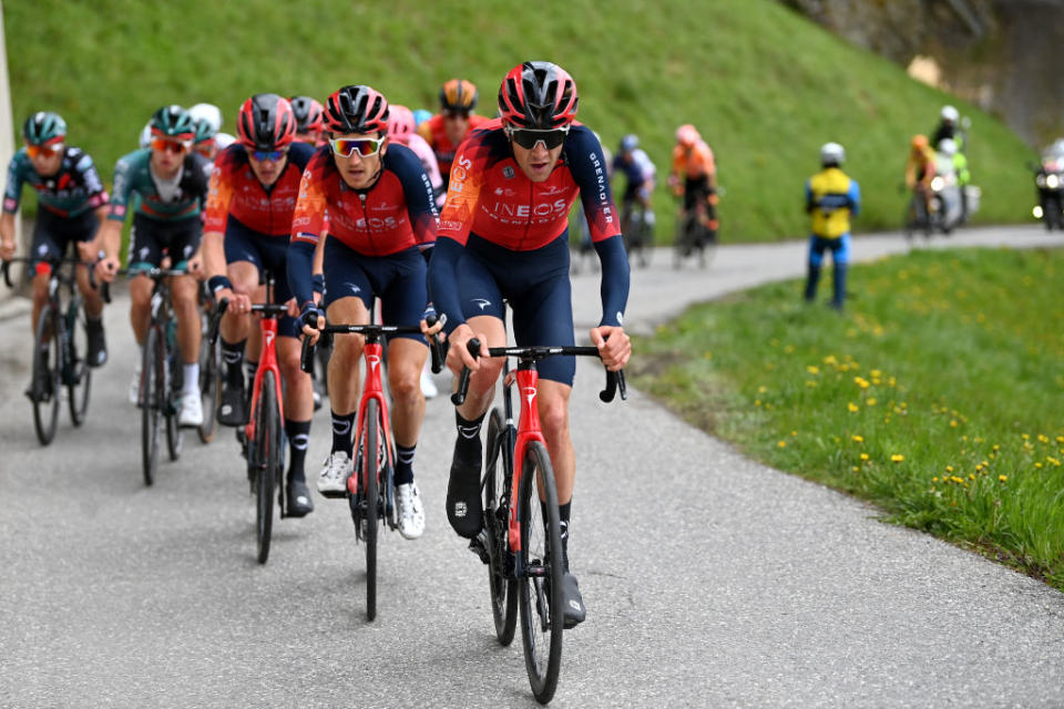ALPBACH AUSTRIA  APRIL 17 LR Geraint Thomas of United Kingdom and Laurens De Plus of Belgium and Team INEOS Grenadiers lead the peloton during the 46th Tour of the Alps 2023 Stage 1 a 1275km stage from Rattenberg to Alpbach 984m on April 17 2023 in Alpbach Austria Photo by Tim de WaeleGetty Images