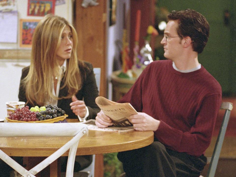 Jennifer Aniston as Rachel and Matthew Perry as Chandler on season seven, episode four of "Friends."