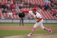 St. Louis Cardinals starting pitcher Adam Wainwright throws during the ninth inning of a baseball game against the Colorado Rockies Sunday, May 9, 2021, in St. Louis. (AP Photo/Jeff Roberson)