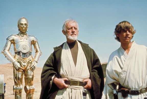 No Merchandising. Editorial Use Only. No Book Cover Usage. Mandatory Credit: Photo by Lucasfilm/20th Century Fox/REX/Shutterstock (5886297dq) Anthony Daniels, Alec Guinness, Mark Hamill Star Wars Episode IV - A New Hope - 1977 Director: George Lucas Lucasfilm/20th Century Fox USA Scene Still Scifi Star Wars (1977) La Guerre des étoiles