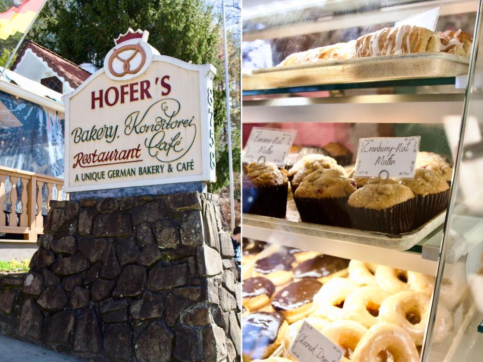 The sign for Hofer’s Bakery (L) and baked goods in a glass case inside the restaurant (R), Alison Datko, "I visited a small mountain town in Georgia, where the German-inspired architecture made me feel transported to Europe."