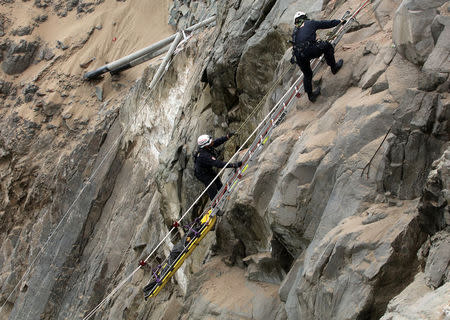 Rescue workers carry victims after a bus crashed with a truck and careened off a cliff along a sharply curving highway north of Lima, Peru, January 3, 2018. REUTERS/Guadalupe Pardo