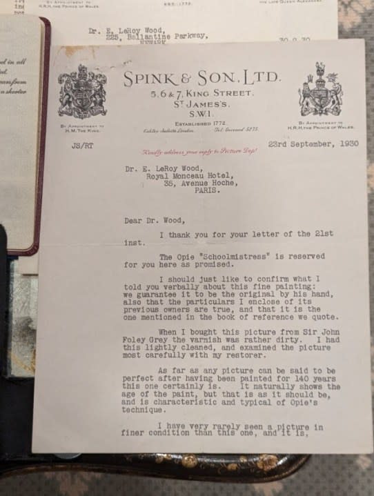 A copy of a presale letter of availability, dated September 23, 1930, from Spink & Son, London, describing the authenticity and quality of the John Opie painting, “The Schoolmistress”. (Courtesy: FBI)