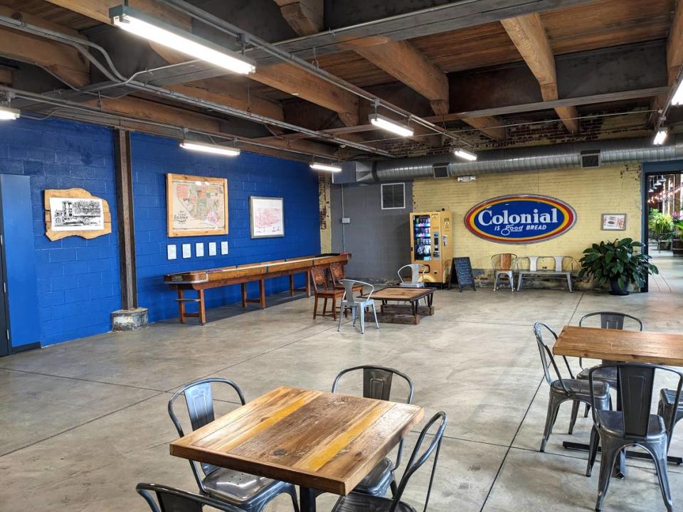 Overall view of the area between the brewing room and restaurant at Old Bakery Beer Company in Alton