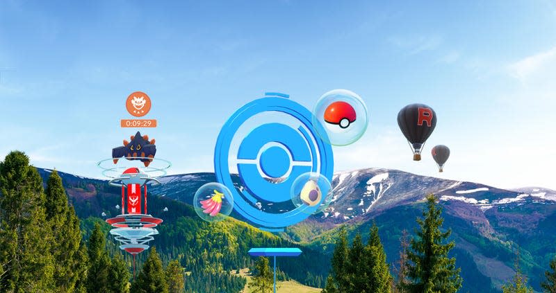 A mockup of different Pokemon Go mechanics is seen over a mountainous forest area.