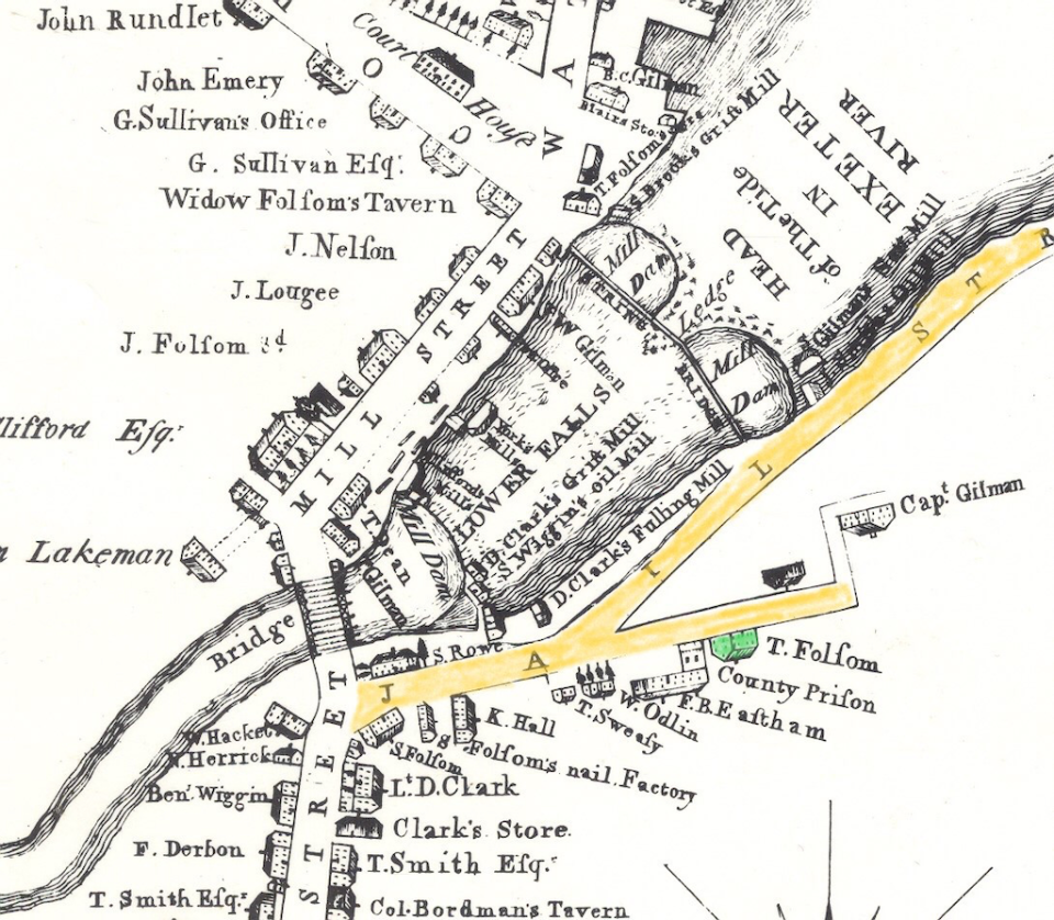Exeter’s jail (seen on this 1802 map labeled “County Prison”), was notorious for its inability to contain actual prisoners. It was here that the most dangerous of the New York State Tories were sent in January of 1777.