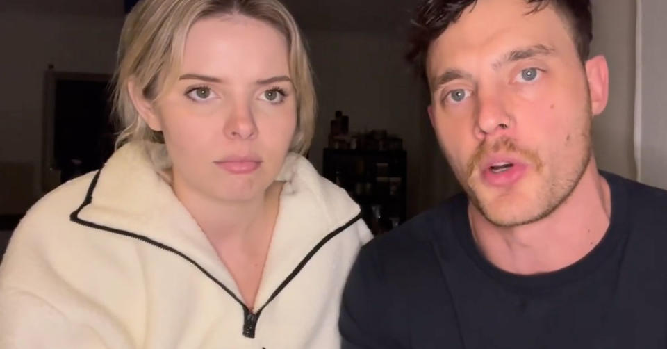 Screenshot of Olivia and Jackson talking to the camera on Instagram. Olivia is wearing a cream jumper and Jackson a black t shirt.