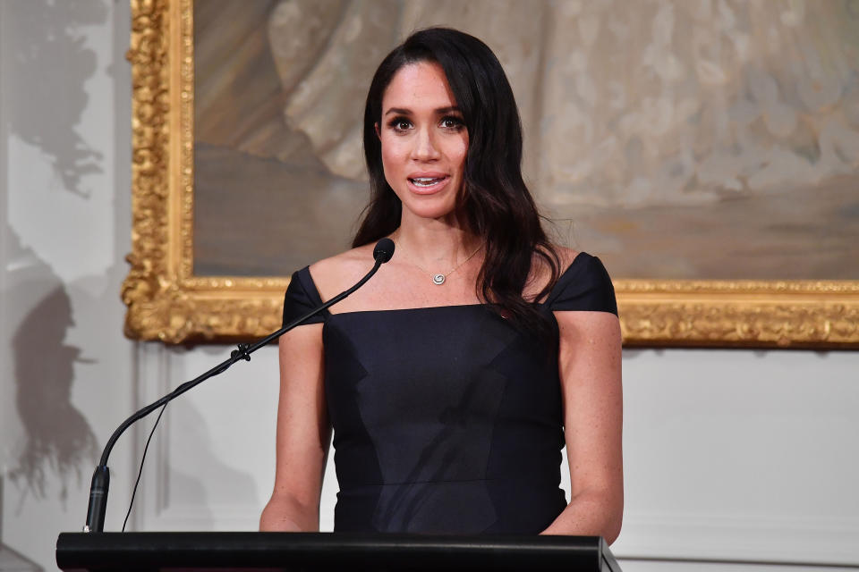 The Duchess of Sussex accessorised her Gabriela Hearst dress with an £8,800 necklace [Photo: Getty]