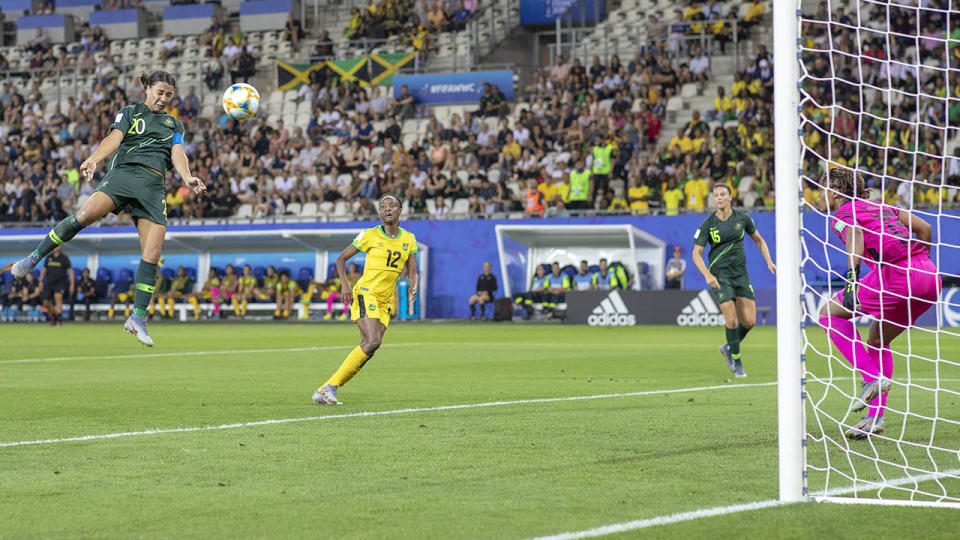 Sam Kerr scores her second goal. (Photo by Tim Clayton/Corbis via Getty Images)