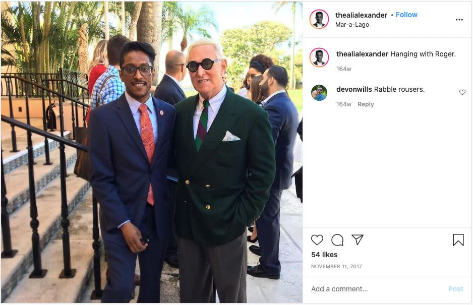 Ali Alexander and Roger Stone meet at Donald Trump's Mar-a-Lago club in Palm Beach, Florida. (Photo: Instagram/Ali Alexander)