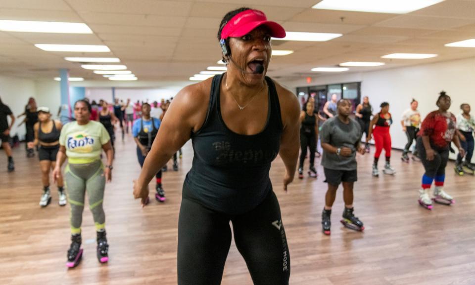 Precious Jones leads a class at her Power P Bounce & Co., on Thursday, Nov. 3, 2022, in the Lawrence neighborhood of Indianapolis. The spot is right next to Maru Studio, in the corner of a strip mall. 