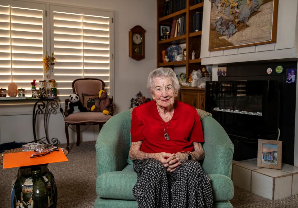 Holocaust survivor Gabriele Grasse poses for a photo in her home in Palm Desert on Dec. 27, 2023.