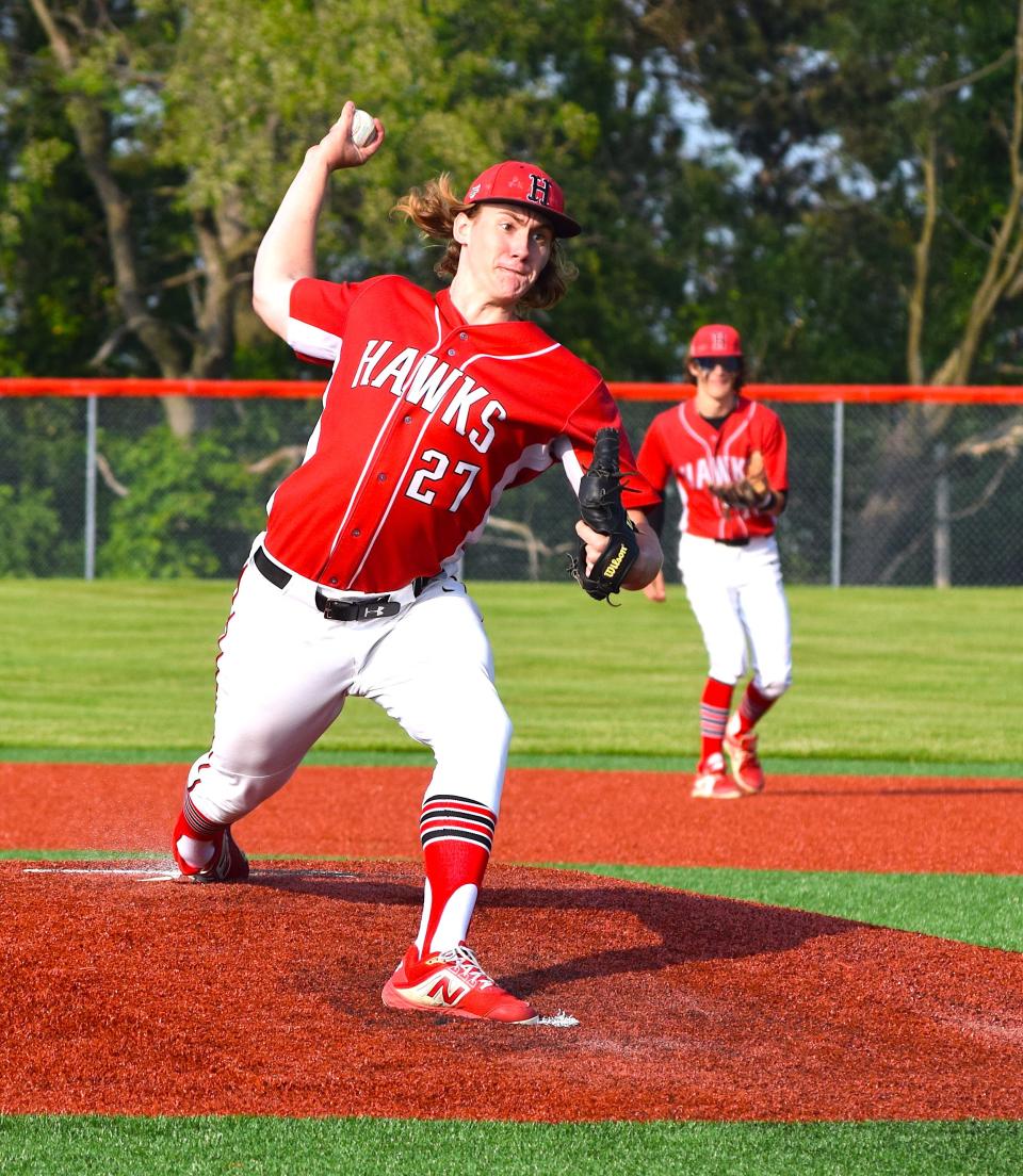 Hiland senior Will Schlabach brings the heat during the final inning of Hiland's 11-1 win over Conotton Valley in the East District championship game.