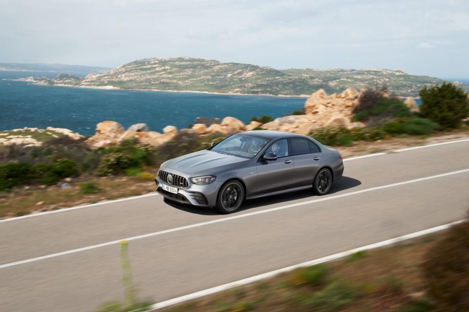 <p>The 2022 Mercedes-AMG E53 doesn't compromise sportiness for luxuriousness, and vice versa, making it a complete and compelling machine. It also makes <a href="https://www.caranddriver.com/features/a38873223/2022-editors-choice/" rel="nofollow noopener" target="_blank" data-ylk="slk:our 2022 Editors' Choice list;elm:context_link;itc:0;sec:content-canvas" class="link ">our 2022 Editors' Choice list</a>. As with the <a href="https://www.caranddriver.com/mercedes-benz/e-class" rel="nofollow noopener" target="_blank" data-ylk="slk:regular Benz-branded E-class;elm:context_link;itc:0;sec:content-canvas" class="link ">regular Benz-branded E-class</a>, the enhanced-by-AMG E53 is available as a sedan, coupe, or cabriolet and boasts a beautifully appointed and well-equipped interior. Unique to this AMG-tuned trio is a rich-sounding turbocharged straight-six-cylinder engine that pairs with an electric supercharger to produce an uninterrupted 429 horsepower. Teamed with a nine-speed automatic transmission and standard all-wheel drive, it's notably quick and capable in all four seasons. With a chassis that's successfully setup to both excite and soothe the senses, the 2022 E53 does a masterful job of being everything to almost everyone.<br></p><p><a class="link " href="https://www.caranddriver.com/mercedes-amg/e53" rel="nofollow noopener" target="_blank" data-ylk="slk:Review, Pricing, and Specs;elm:context_link;itc:0;sec:content-canvas">Review, Pricing, and Specs</a></p>