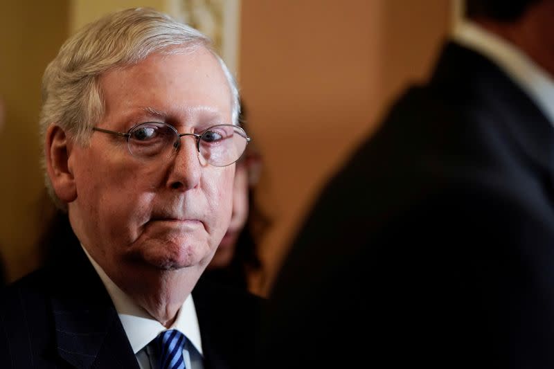 FILE PHOTO: Senate Majority Leader Mitch McConnell (R-KY) speaks to the media after the weekly policy luncheons on Capitol Hill in Washington