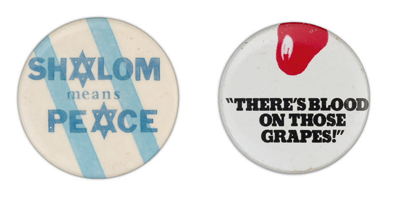 A button on the left reads "shalom means peace" with the A's swapped to be stars of David; the button on the right says "there's blood on those grapes!" between quote marks, under a small illustrated splotch of blood