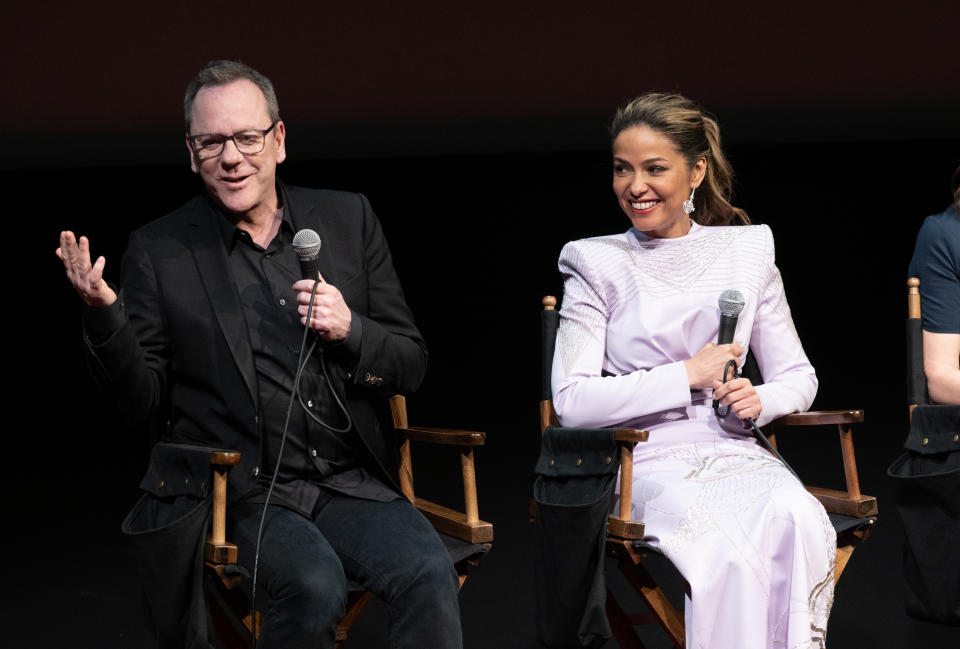 NEW YORK, NEW YORK - MARCH 23: (L-R) Kiefer Sutherland and Meta Golding speak during a special screening of 'Rabbit Hole' at Spyscape Museum & Experience on March 23, 2023 in New York City. (Photo by Noam Galai/Getty Images for Paramount+)