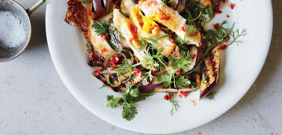 Grilled Eggplant with Fresh Hot Sauce and Crispy Eggs