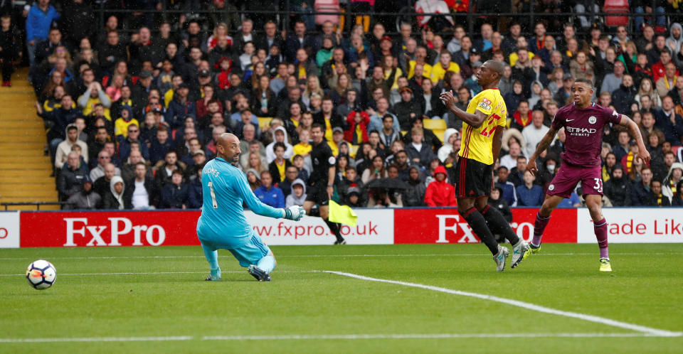 <p>Manchester City’s Gabriel Jesus scores their third goal Action Images via Reuters/John Sibley </p>