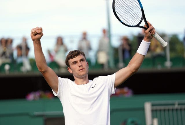 Jack Draper celebrates his first win at Wimbledon