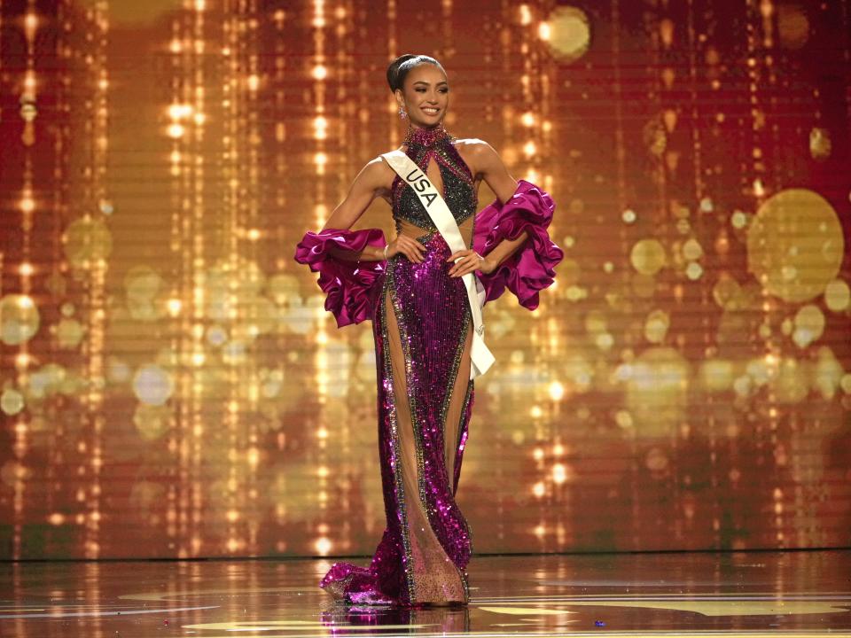 Miss USA, R'Bonney Gabriel walks onstage during the 71st Miss Universe preliminary competition at the New Orleans Morial Convention Center on January 11, 2023, in New Orleans.