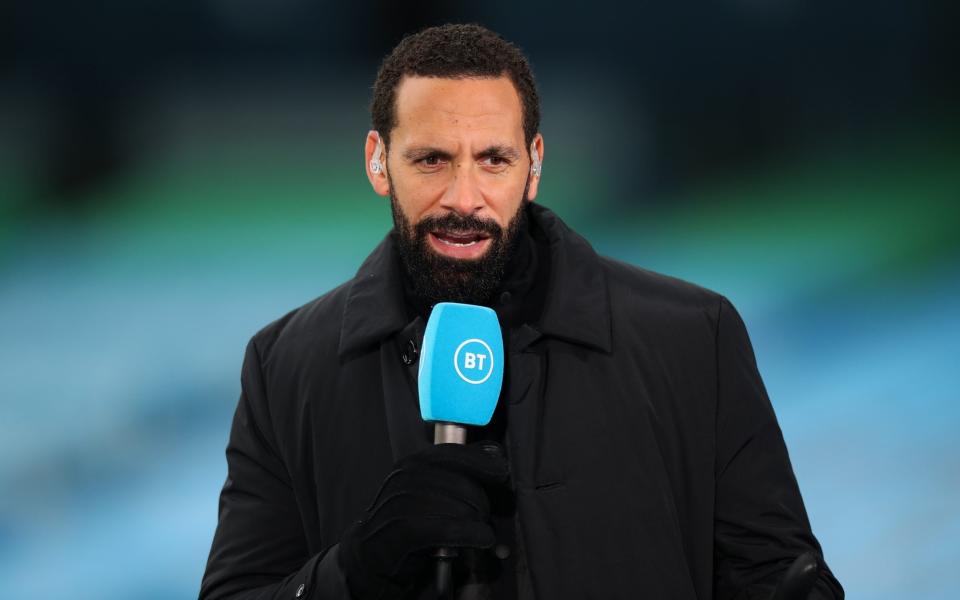 Rio Ferdinand reporting for BT Sport ahead of the Premier League match between Manchester City and Leeds United - Getty Images