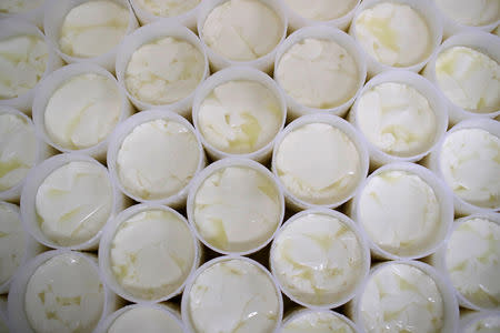 Molds with curd are seen at the French non-pasteurized Camembert cheese farm ''Le 5 Freres de Bermonville" in Bermonville, France, March 12, 2019. REUTERS/Gonzalo Fuentes
