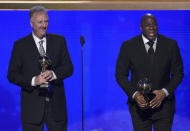 Larry Bird, left, and Magic Johnson accept lifetime achievement awards at the NBA Awards on Monday, June 24, 2019, at the Barker Hangar in Santa Monica, Calif. (Photo by Richard Shotwell/Invision/AP)