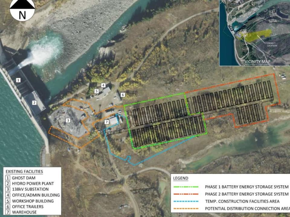 A map of the proposed battery facility near the Ghost Reservoir west of Cochrane, Alta.  (TransAlta - image credit)