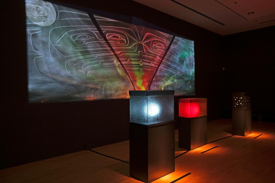 The immersive exhibit "Preston Singletary: Raven and the Box of Daylight" is on view Thursday, Nov. 9, 2023, at the Oklahoma City Museum of Art. The multi-sensory experience combines glass, video, and audio to tell the story of Raven, a creator figure in Tlingit culture.