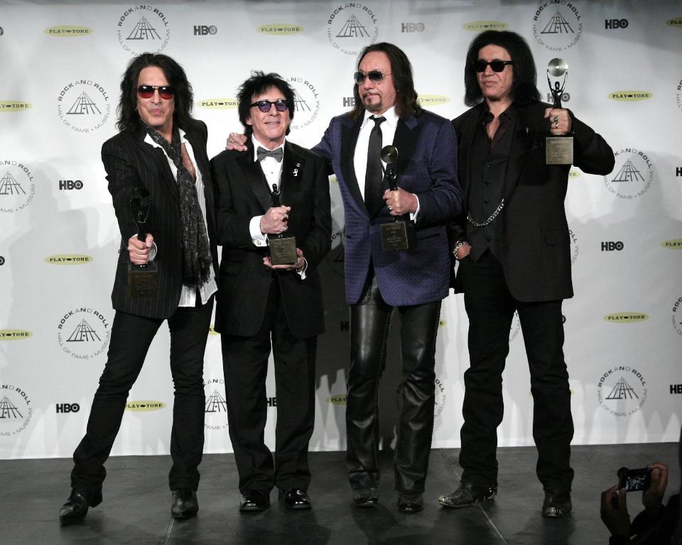 Hall of Fame Inductees Kiss original band members Paul Stanley, Peter Criss, Ace Frehley, and Gene Simmons appear in the press room at the 2014 Rock and Roll Hall of Fame Induction Ceremony on Thursday, April, 10, 2014, in New York. (Photo by Andy Kropa/Invision/AP)