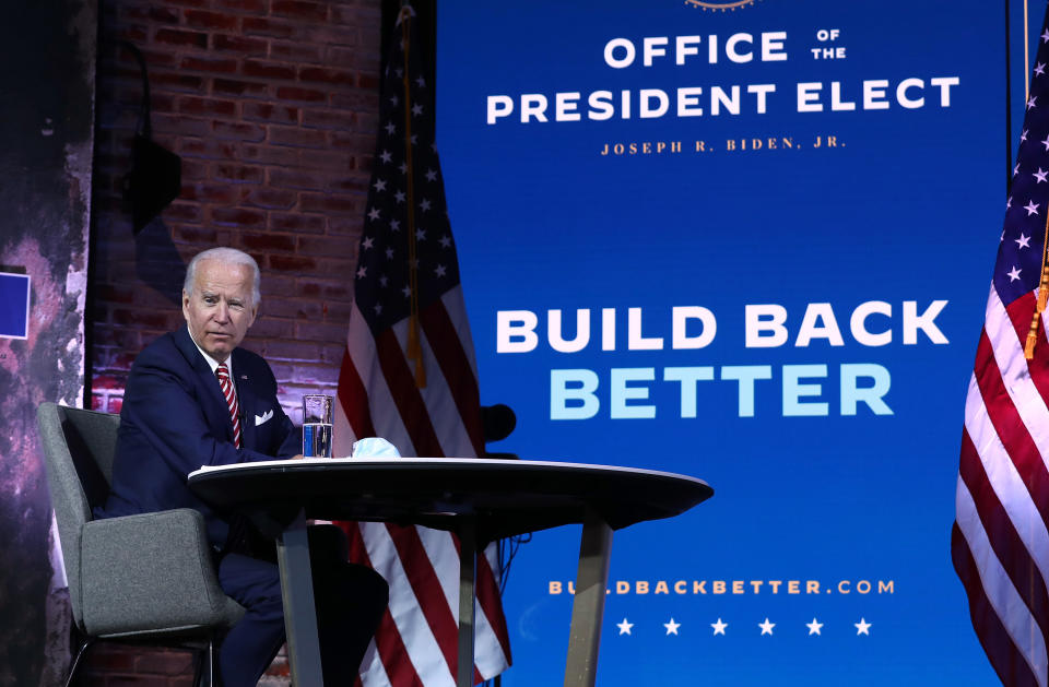 WILMINGTON, DELAWARE - NOVEMBER 16: U.S. President-elect Joe Biden receives a briefing on the economy in a Zoom meeting with economic advisors at the Queen Theater on November 16, 2020 in Wilmington, Delaware. Mr. Biden continues to work on the long term economic recovery plan his administration will try to put in place when he takes office. (Photo by Joe Raedle/Getty Images)