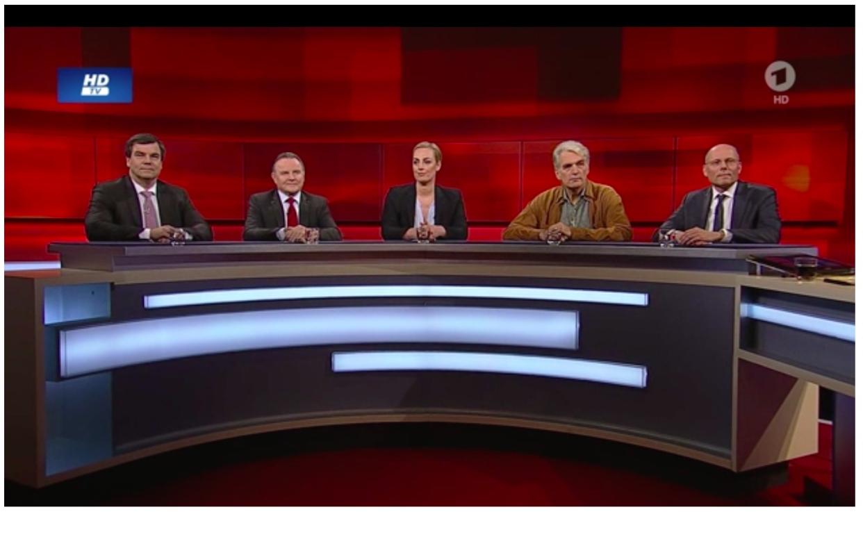 Gäste bei “Hart aber fair” (von links): Ralph Freund (Republikaner-Anhänger), Georg Pazderski (AfD), Elisabeth Wehling (Linguistin), Walter Sittler (Schauspieler), Peter Beyer (CDU) Foto: Screenshot ARD