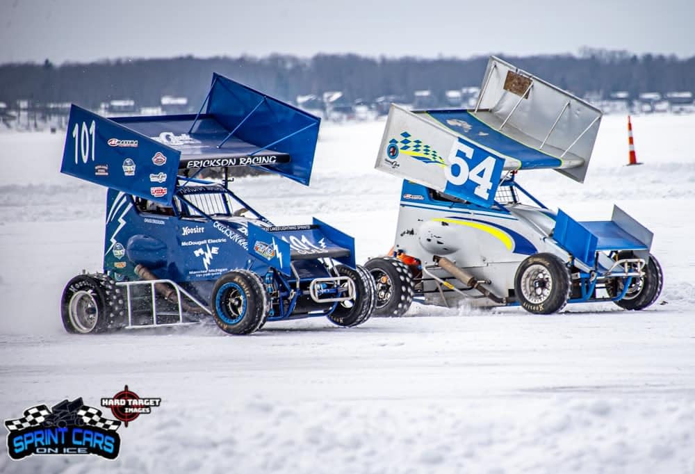 Sprint cars race on an ice track.