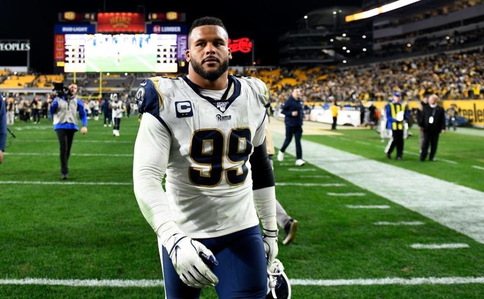 Aaron Donald #99 of the Los Angeles Rams walks off the field following the Rams’ 17-12 loss to the Pittsburgh Steelers at Heinz Field on November 10, 2019 in Pittsburgh, Pennsylvania. (Photo by Justin Berl/Getty Images)