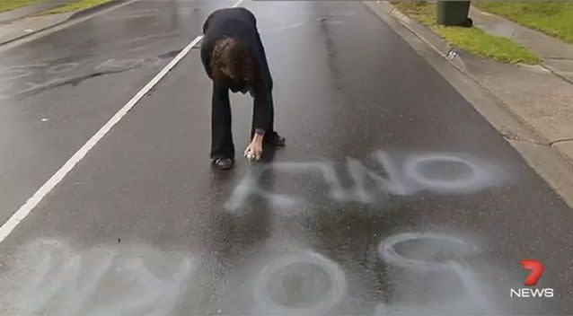 Tahanee Paterson has taken to spray painting the road in a bid to stop hoons. Source: 7News