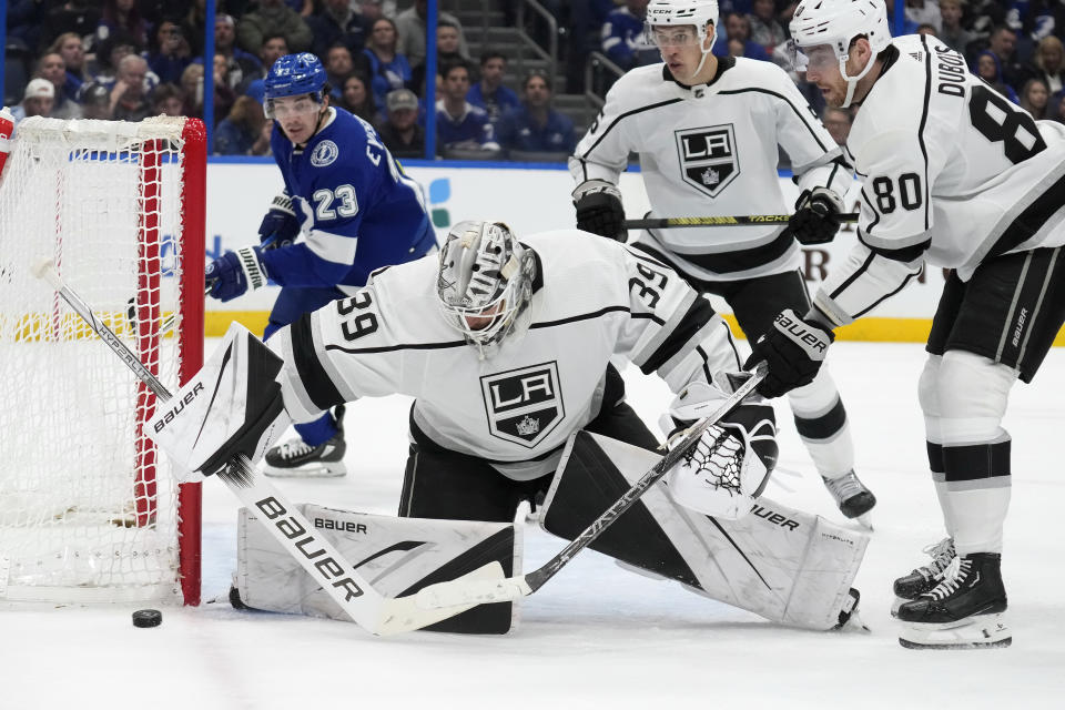 Los Angeles Kings goaltender Cam Talbot (39) makes a save on a shot by the takes a break during a stoppage in play against the during the second period of an NHL hockey game Tuesday, Jan. 9, 2024, in Tampa, Fla. (AP Photo/Chris O'Meara)