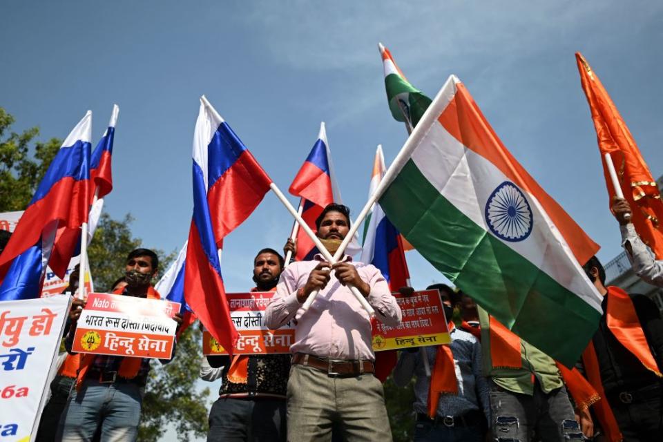 Supporters and activists of Hindu Sena, a right-wing Hindu group, take part in a march in support of Russia during the ongoing Russia-West tensions on Ukraine, in New Delhi on March 6, 2022. (Photo by Sajjad HUSSAIN / AFP) (Photo by SAJJAD HUSSAIN/AFP via Getty Images)<span class="copyright">AFP via Getty Images</span>