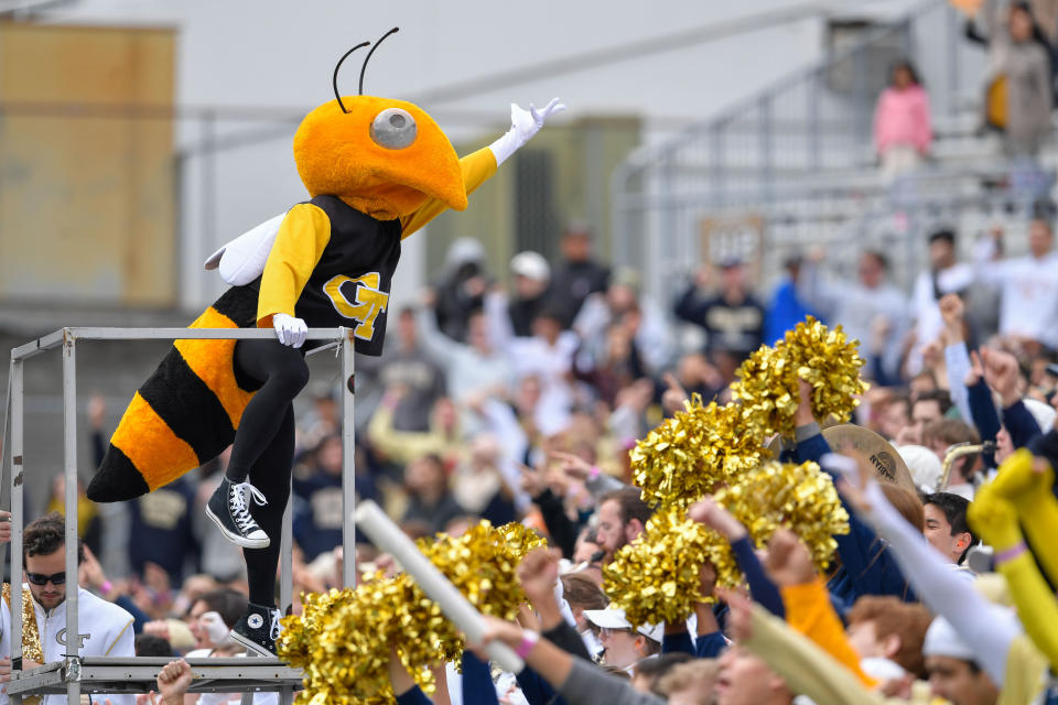 Nov 11, 2017; Atlanta, GA, USA; Georgia Tech Yellow Jackets mascot Buzz performs during the second half against the Virginia Tech Hokies at Bobby Dodd Stadium. Mandatory Credit: Dale Zanine-USA TODAY Sports