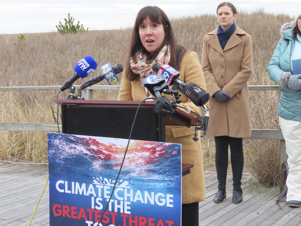 Anjuli Ramos-Busot, director of the New Jersey Sierra Club chapter, speaks at a press conference in Atlantic City, N.J. on Tuesday, Jan. 17, 2023, at which environmental groups supported offshore wind power development and decried what they call the false narrative that offshore wind site preparation work is responsible for seven whale deaths in New Jersey and New York in little over a month. (AP Photo/Wayne Parry)